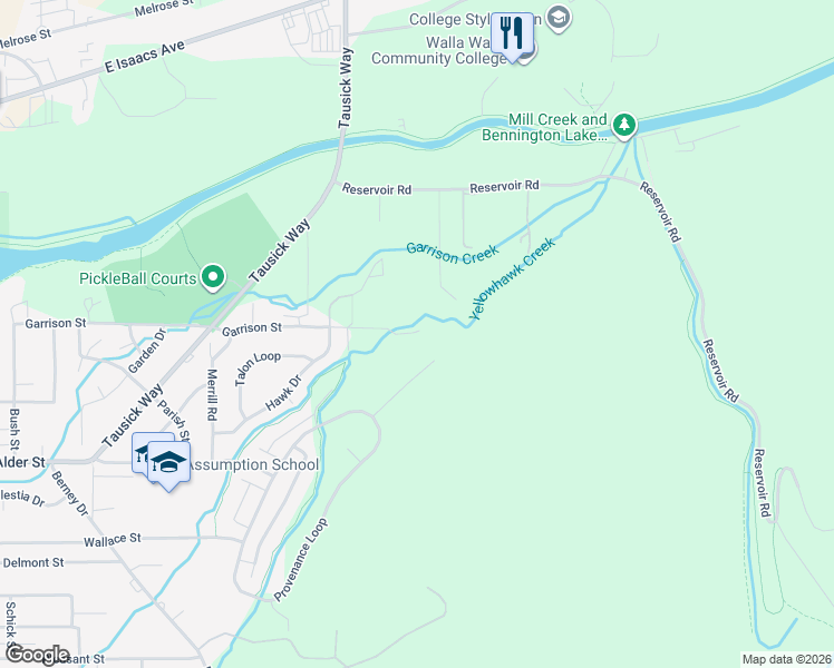 map of restaurants, bars, coffee shops, grocery stores, and more near 2501 Greenwood Lane in Walla Walla