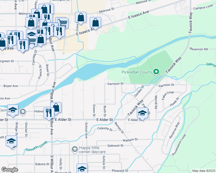 map of restaurants, bars, coffee shops, grocery stores, and more near 115 Bush Street in Walla Walla