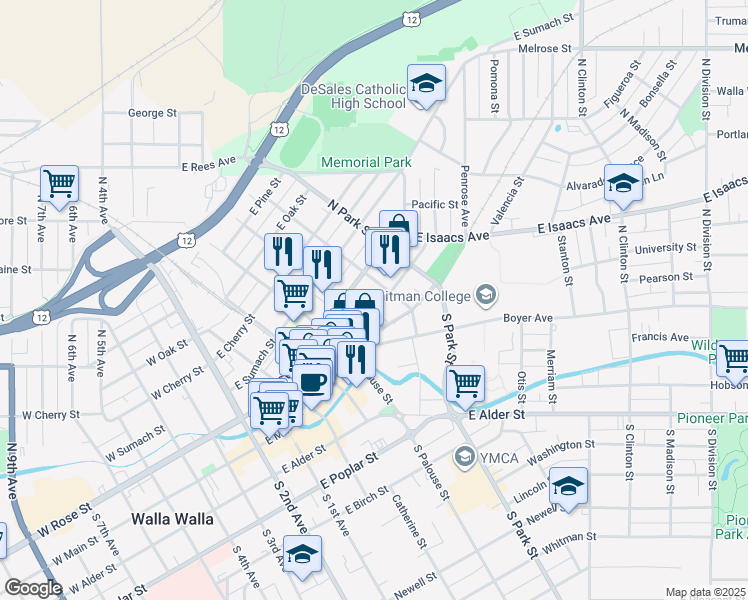 map of restaurants, bars, coffee shops, grocery stores, and more near 322 East Rose Street in Walla Walla