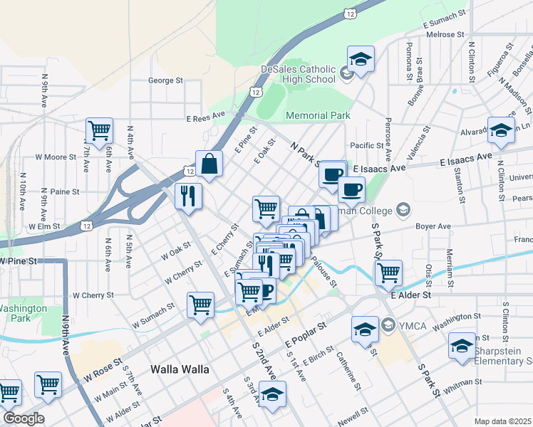 map of restaurants, bars, coffee shops, grocery stores, and more near 303 East Sumach Street in Walla Walla