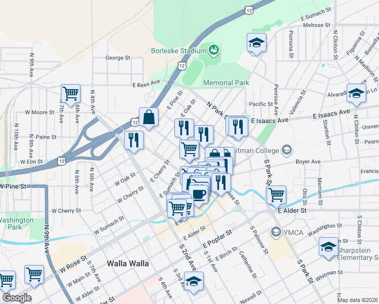 map of restaurants, bars, coffee shops, grocery stores, and more near 303 East Sumach Street in Walla Walla