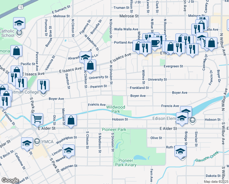 map of restaurants, bars, coffee shops, grocery stores, and more near 829 Boyer Avenue in Walla Walla