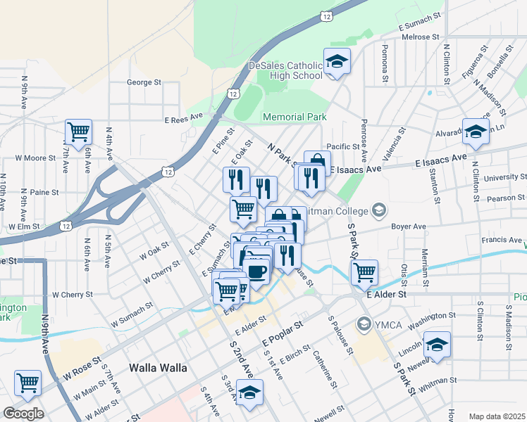 map of restaurants, bars, coffee shops, grocery stores, and more near 351 East Rose Street in Walla Walla
