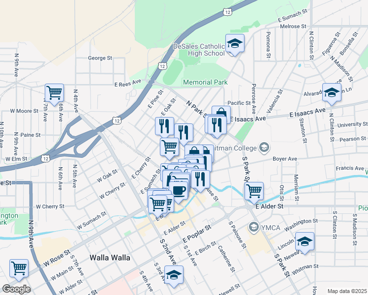 map of restaurants, bars, coffee shops, grocery stores, and more near 351 East Rose Street in Walla Walla