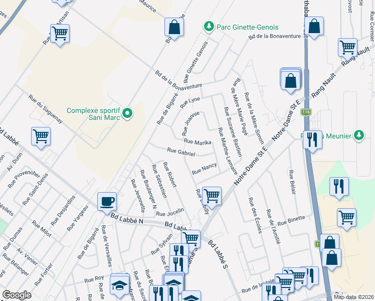 map of restaurants, bars, coffee shops, grocery stores, and more near 20 Rue Gabriel in Victoriaville