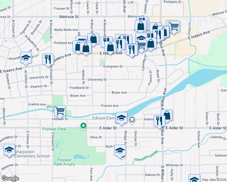 map of restaurants, bars, coffee shops, grocery stores, and more near 1226 Boyer Avenue in Walla Walla