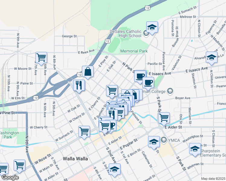 map of restaurants, bars, coffee shops, grocery stores, and more near 303 East Sumach Street in Walla Walla