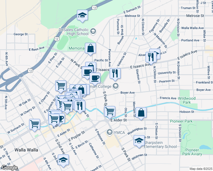 map of restaurants, bars, coffee shops, grocery stores, and more near 219 Boyer Avenue in Walla Walla