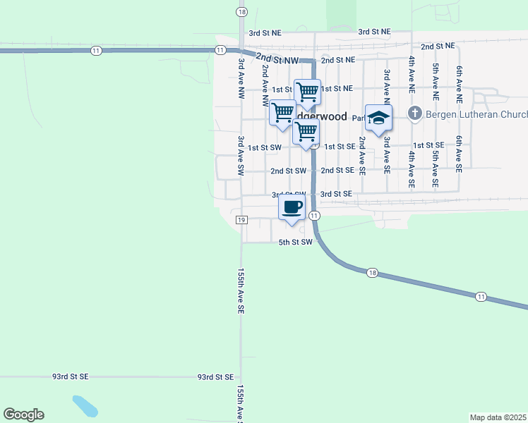 map of restaurants, bars, coffee shops, grocery stores, and more near 410 1st Avenue Southwest in Lidgerwood