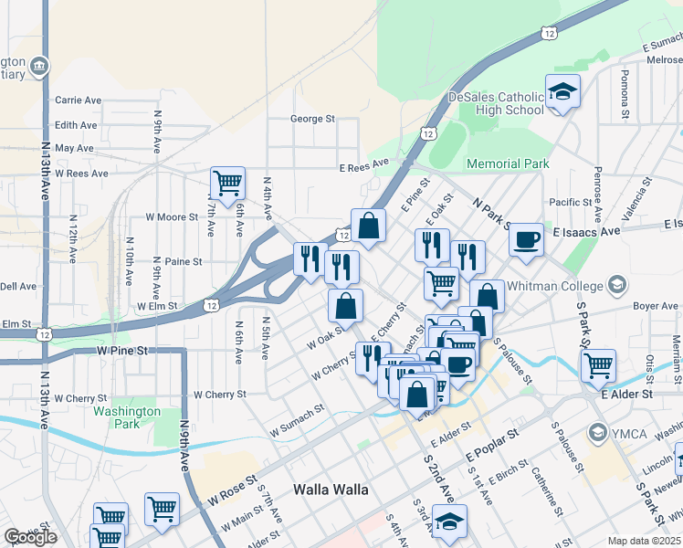 map of restaurants, bars, coffee shops, grocery stores, and more near 416 North 2nd Avenue in Walla Walla