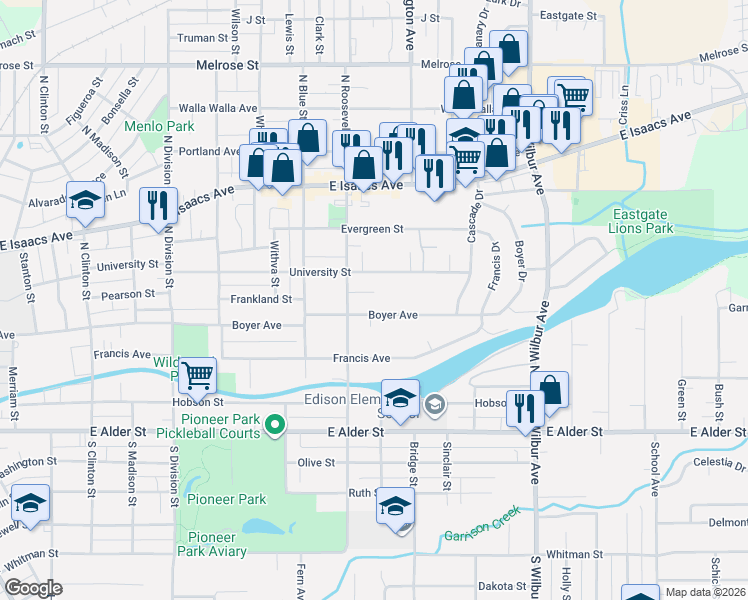 map of restaurants, bars, coffee shops, grocery stores, and more near 1226 Boyer Avenue in Walla Walla