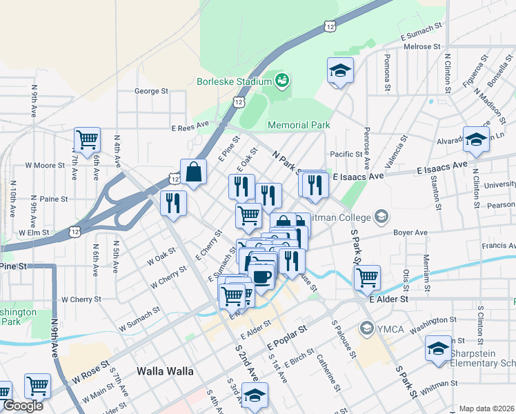 map of restaurants, bars, coffee shops, grocery stores, and more near 303 East Sumach Street in Walla Walla