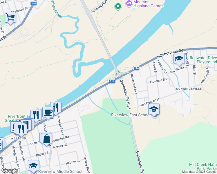 map of restaurants, bars, coffee shops, grocery stores, and more near in Riverview