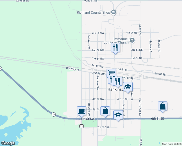 map of restaurants, bars, coffee shops, grocery stores, and more near 201 3rd Avenue Southwest in Hankinson