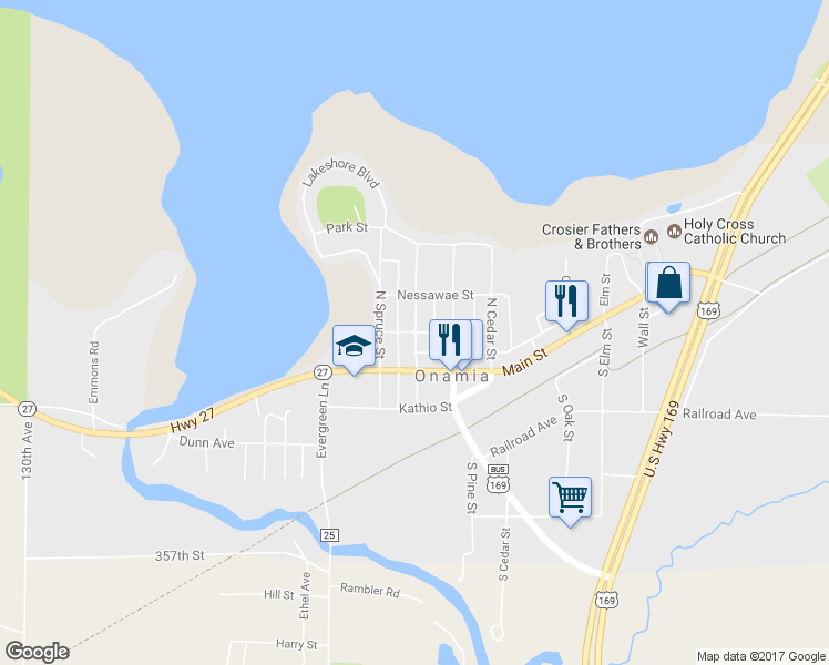 map of restaurants, bars, coffee shops, grocery stores, and more near Birch Street in Onamia
