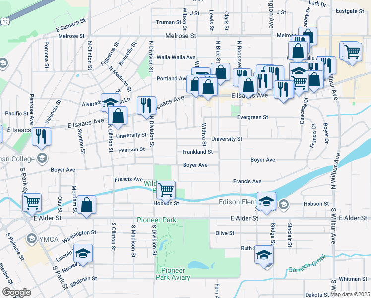 map of restaurants, bars, coffee shops, grocery stores, and more near 1017 Frankland Street in Walla Walla