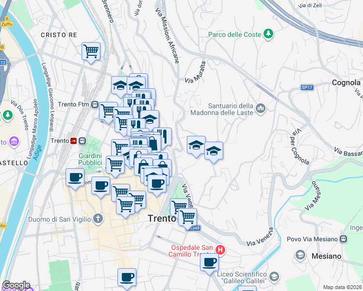 map of restaurants, bars, coffee shops, grocery stores, and more near 57 Via della Cervara in Trento