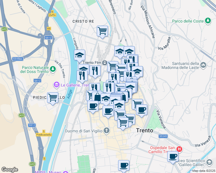 map of restaurants, bars, coffee shops, grocery stores, and more near Piazza Dante Aligheri in Trento