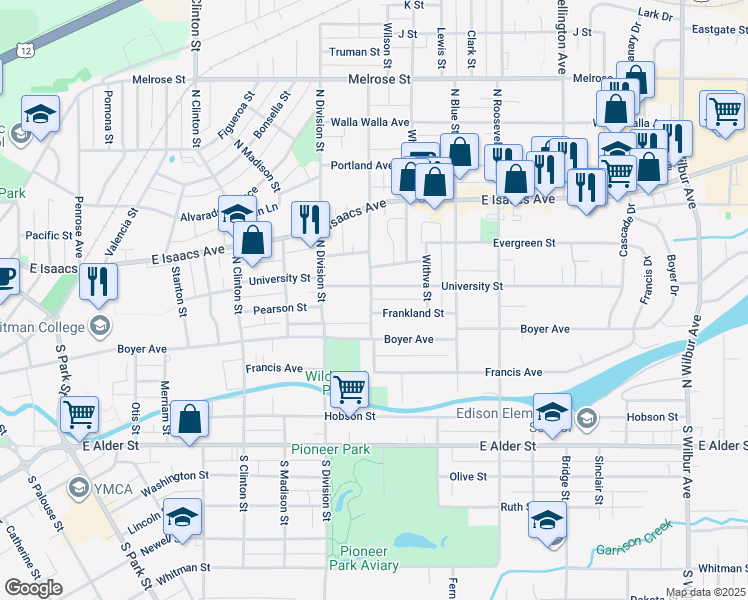 map of restaurants, bars, coffee shops, grocery stores, and more near 935 University Street in Walla Walla