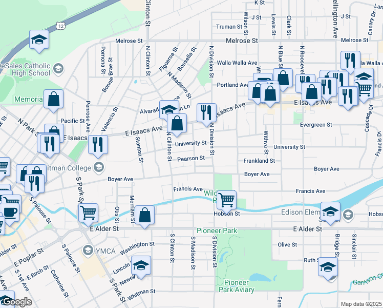 map of restaurants, bars, coffee shops, grocery stores, and more near 114 North Madison Street in Walla Walla