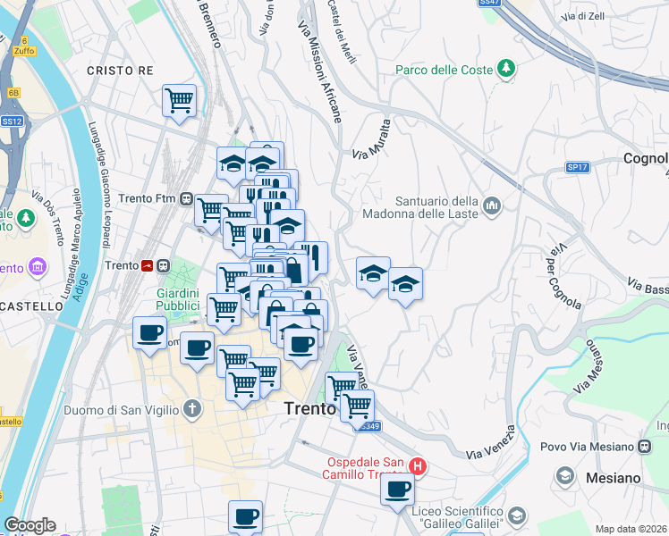 map of restaurants, bars, coffee shops, grocery stores, and more near 55-57 Via della Cervara in Trento