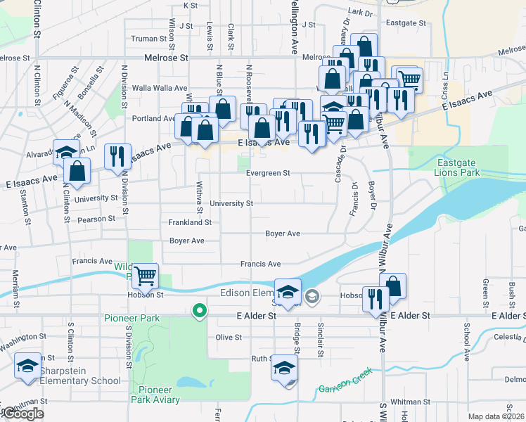 map of restaurants, bars, coffee shops, grocery stores, and more near 1329 University Street in Walla Walla