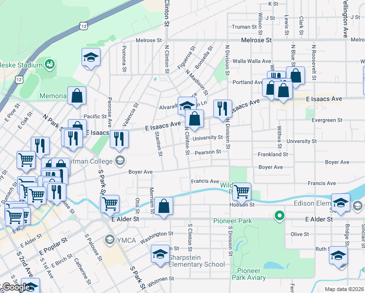 map of restaurants, bars, coffee shops, grocery stores, and more near 208 Fulton Street in Walla Walla