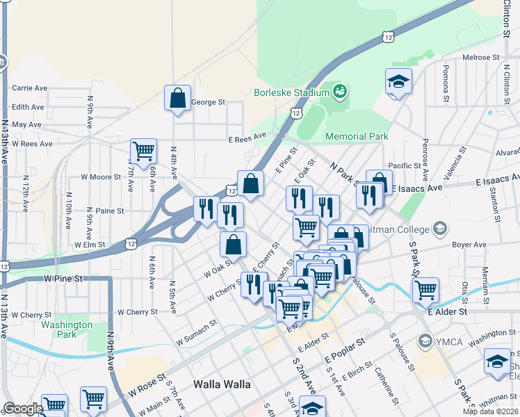 map of restaurants, bars, coffee shops, grocery stores, and more near 513 North Palouse Street in Walla Walla