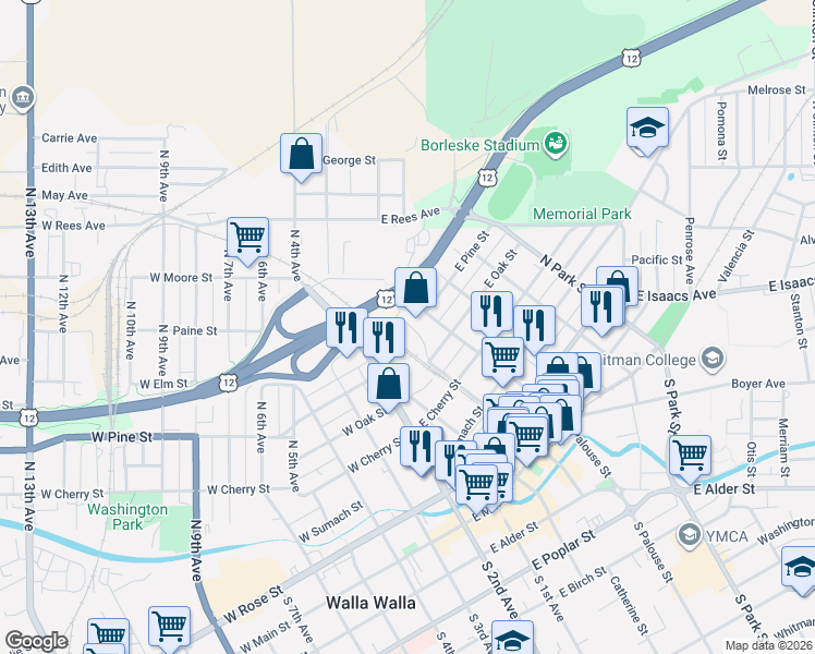 map of restaurants, bars, coffee shops, grocery stores, and more near 513 North Palouse Street in Walla Walla