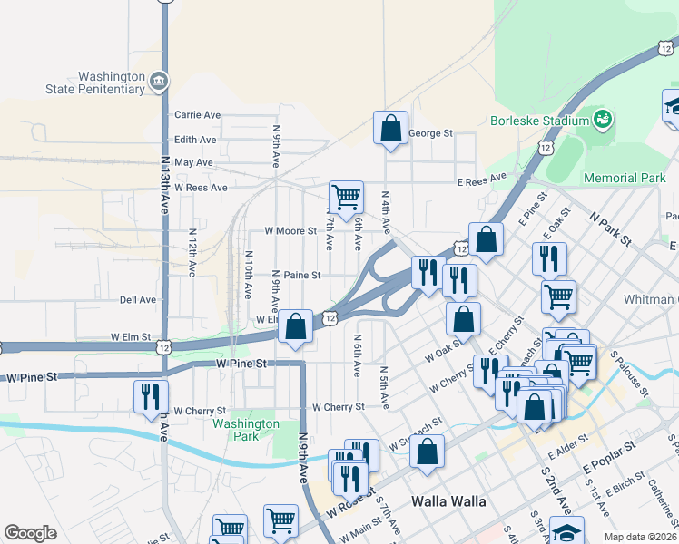 map of restaurants, bars, coffee shops, grocery stores, and more near 716 North 7th Avenue in Walla Walla
