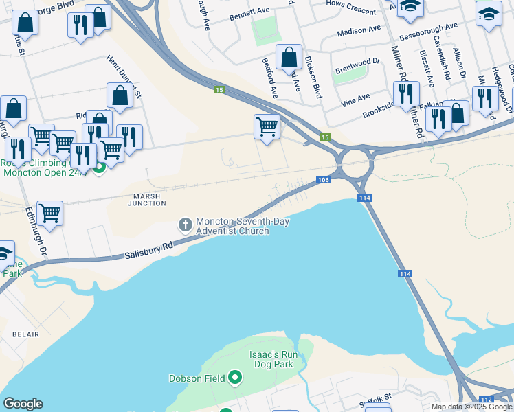 map of restaurants, bars, coffee shops, grocery stores, and more near 73 Salisbury Road in Moncton