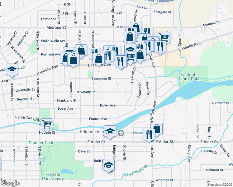 map of restaurants, bars, coffee shops, grocery stores, and more near 1408 University Street in Walla Walla