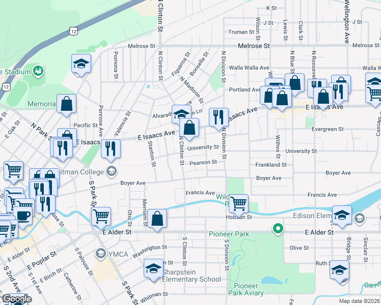 map of restaurants, bars, coffee shops, grocery stores, and more near 616 University Street in Walla Walla