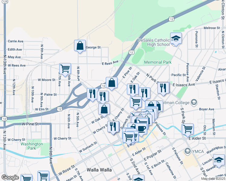 map of restaurants, bars, coffee shops, grocery stores, and more near 513 North Palouse Street in Walla Walla