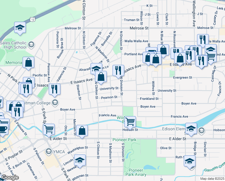 map of restaurants, bars, coffee shops, grocery stores, and more near 114 North Madison Street in Walla Walla