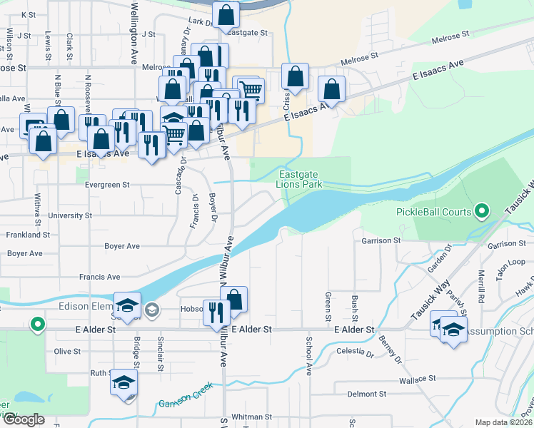 map of restaurants, bars, coffee shops, grocery stores, and more near 1652 Cambridge Drive in Walla Walla