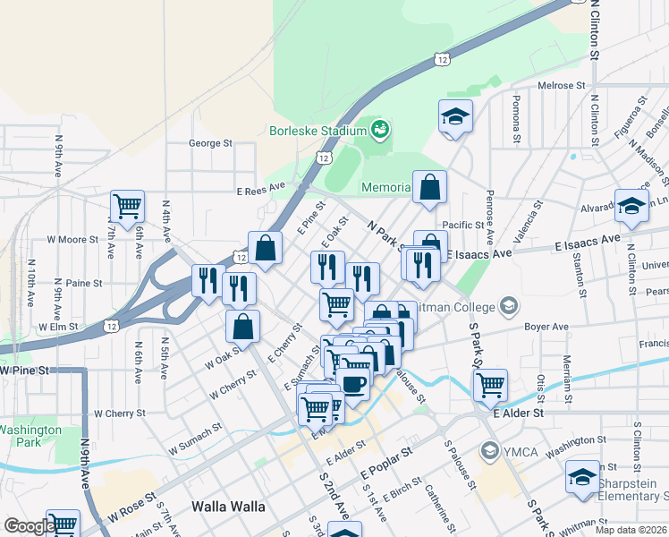 map of restaurants, bars, coffee shops, grocery stores, and more near 405 East Cherry Street in Walla Walla