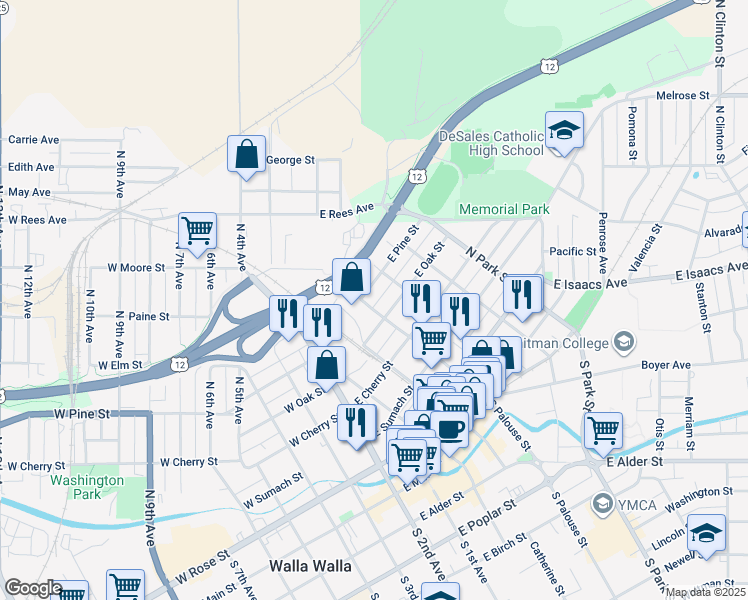 map of restaurants, bars, coffee shops, grocery stores, and more near 513 North Palouse Street in Walla Walla
