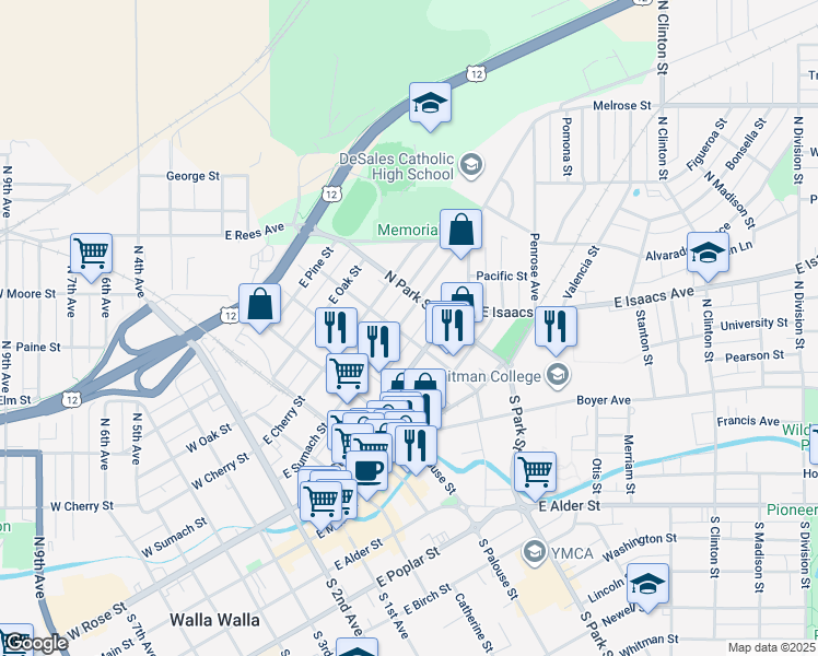 map of restaurants, bars, coffee shops, grocery stores, and more near 114 North Touchet Street in Walla Walla