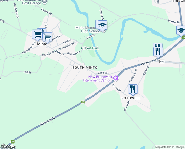 map of restaurants, bars, coffee shops, grocery stores, and more near 10 Coakley Lane in Minto