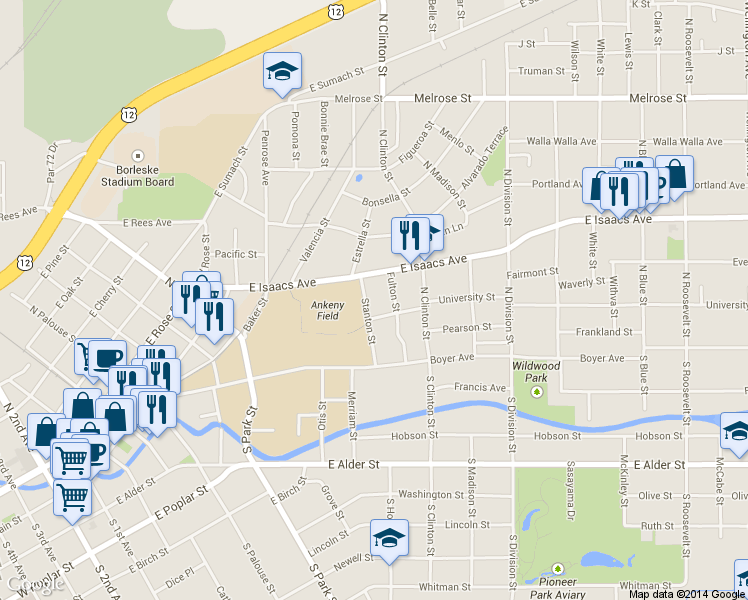 map of restaurants, bars, coffee shops, grocery stores, and more near 216 Stanton Street in Walla Walla