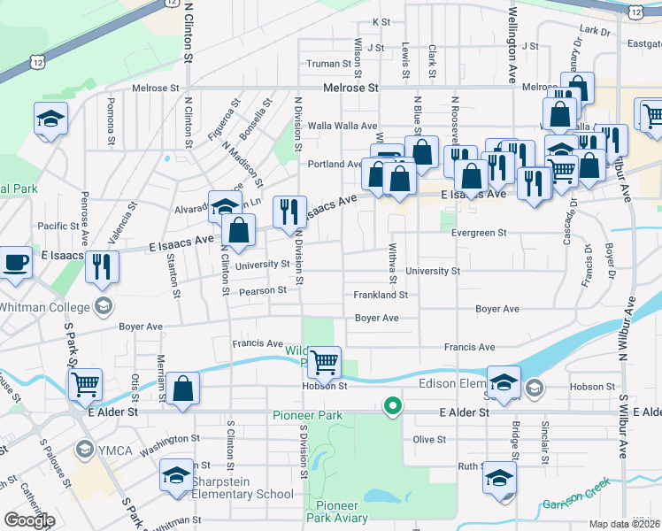 map of restaurants, bars, coffee shops, grocery stores, and more near 935 University Street in Walla Walla