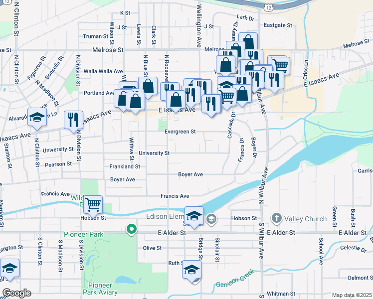 map of restaurants, bars, coffee shops, grocery stores, and more near 1339 University Street in Walla Walla