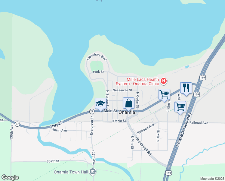 map of restaurants, bars, coffee shops, grocery stores, and more near 206 North Spruce Street in Onamia