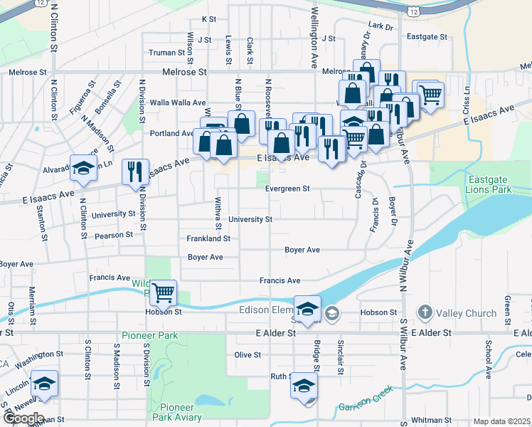 map of restaurants, bars, coffee shops, grocery stores, and more near 1237 University Street in Walla Walla