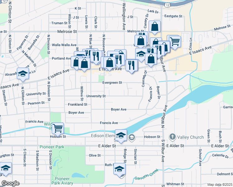 map of restaurants, bars, coffee shops, grocery stores, and more near 1339 University Street in Walla Walla