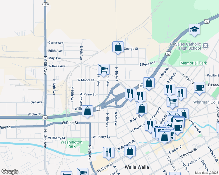 map of restaurants, bars, coffee shops, grocery stores, and more near 722 North 6th Avenue in Walla Walla