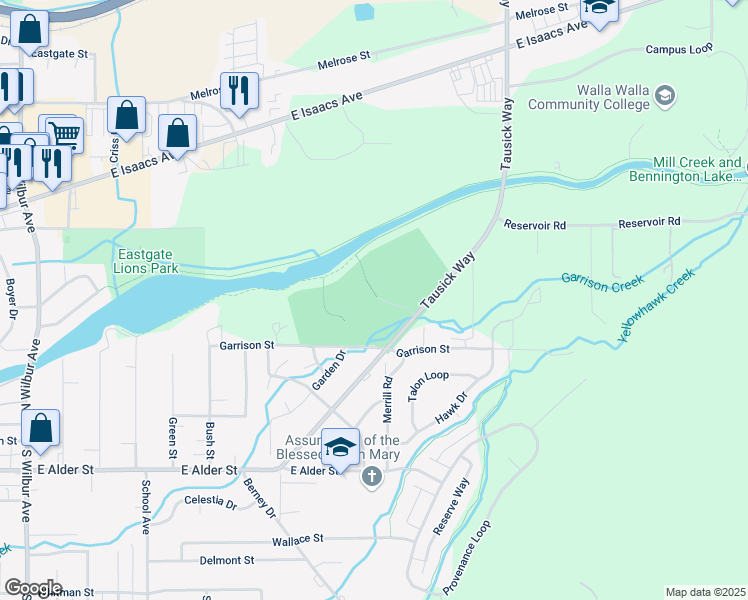 map of restaurants, bars, coffee shops, grocery stores, and more near Tausick Way in Walla Walla