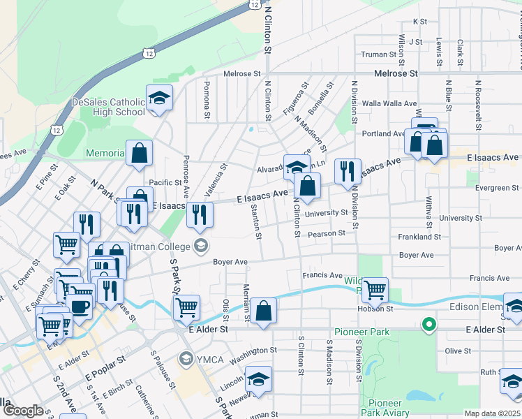 map of restaurants, bars, coffee shops, grocery stores, and more near 216 Stanton Street in Walla Walla