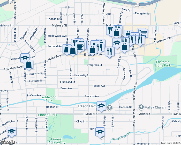 map of restaurants, bars, coffee shops, grocery stores, and more near 1237 University Street in Walla Walla